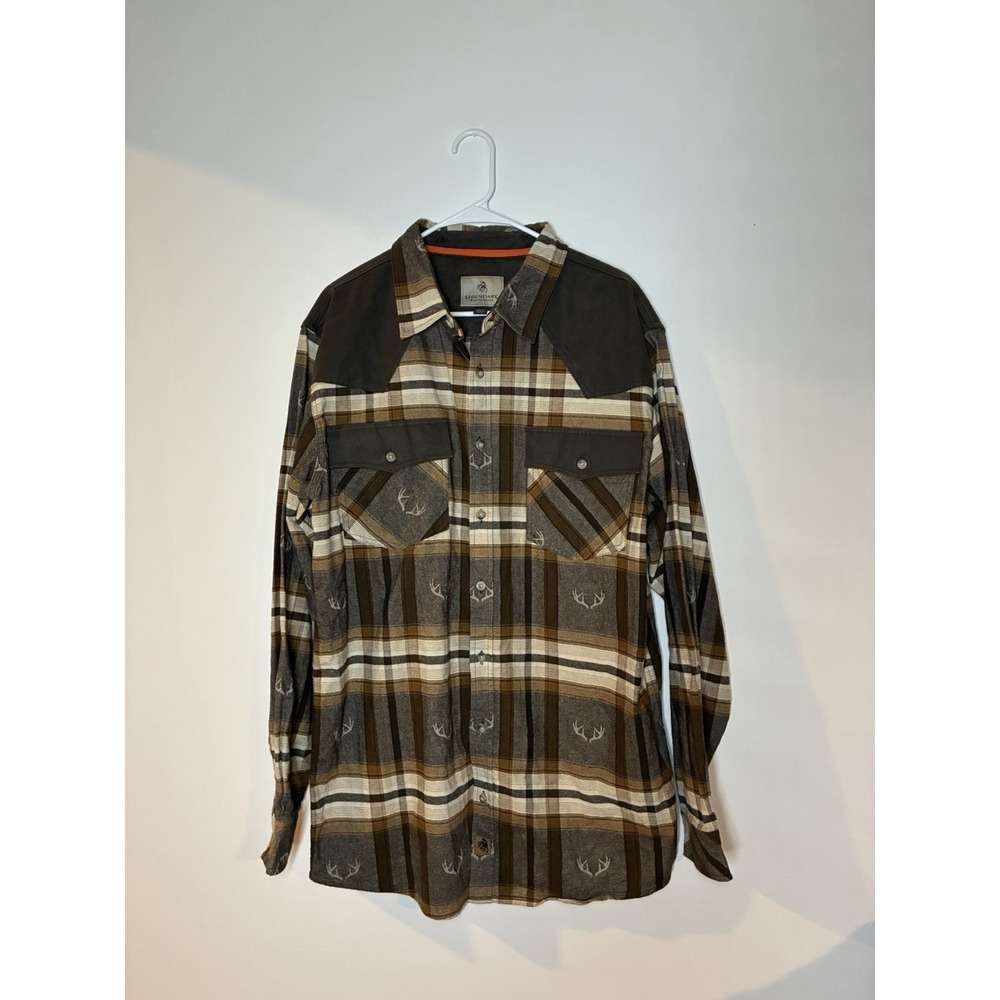 Legendary Whitetails Mens Brown Plaid Rancher Flannel Western Yoke Antlers XLT